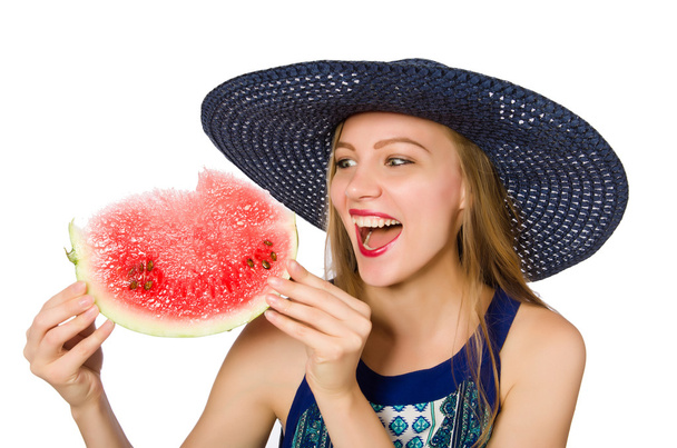 женщина ест арбуз изолированы на белом - Фото, изображение