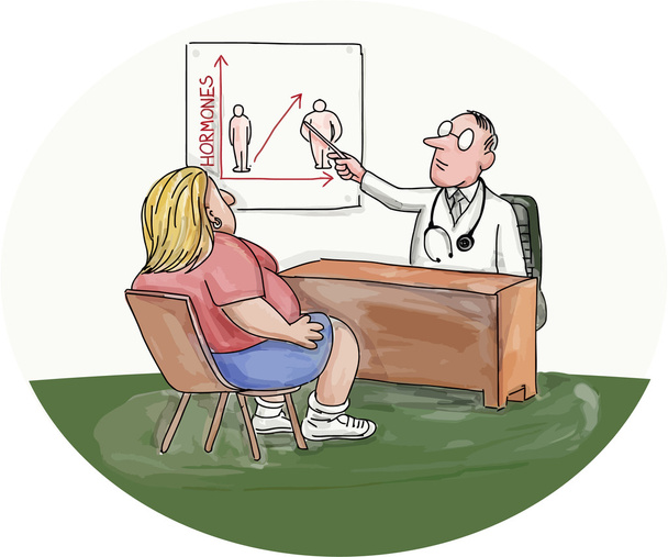 Zwaarlijvige vrouw patiënt arts karikatuur - Vector, afbeelding