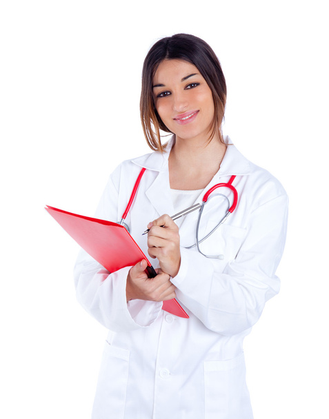 Brunette indian doctor woman with red folder - Foto, afbeelding