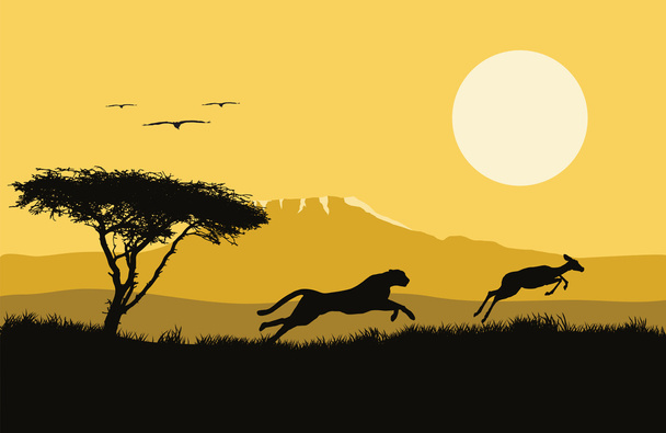 Vektorillustration von Afrika. Wildes Leben. Jagd. Afrika-Logo. Jaguar und Antilope. - Vektor, Bild