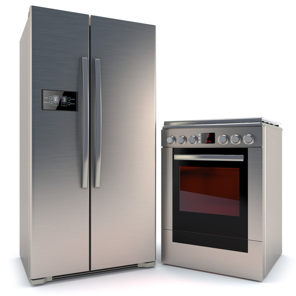 холодильник с дисплеем и газовая плита с духовкой изолированы на
  - Фото, изображение