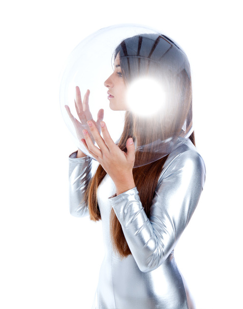 Brunette futuristic silver woman profile glass helmet - Foto, afbeelding