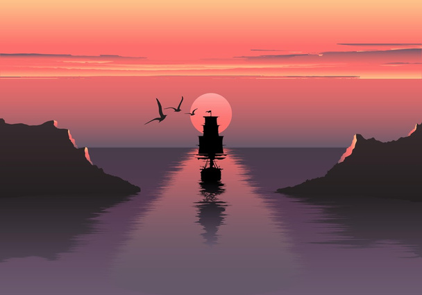 Vector horizontal illustration of sunset over the sea and ship. beautiful sunrise at the sea. the ship embarks on a journey. Sea birds. - Wektor, obraz