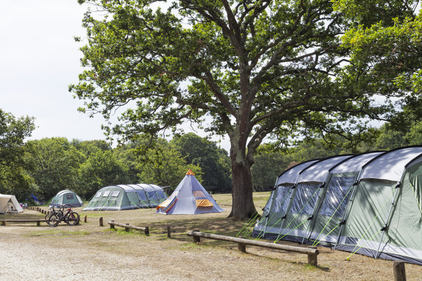 Nagy családi sátor, új erdő kemping tölgyfák alatt tepee - Fotó, kép