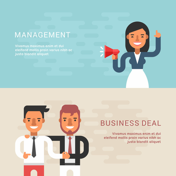 Набор бизнес-концепций с персонажами мультфильмов бизнесмена. Менеджмент, бизнес сделка. Векторная иллюстрация в стиле плоского дизайна
 - Вектор,изображение
