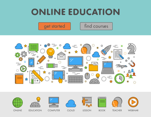 Концепція лінійного дизайну веб-банер для електронного навчання та онлайн навчання
 - Вектор, зображення