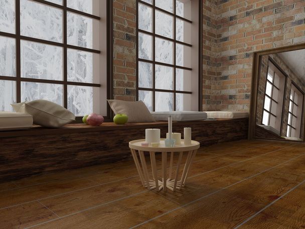 Renderização de mesa de café com velas, espírito romântico no loft moderno
 - Foto, Imagem