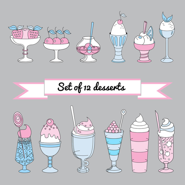 Set of color icons of sweet cocktails, desserts, ice cream. - Vetor, Imagem