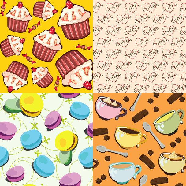 手描きのお菓子やホットド リンク シームレス パターンを設定します。ケーキ、マカロン、チョコレート、キャンディー、コーヒーや紅茶と mugs(cups) を持つテクスチャ - ベクター画像
