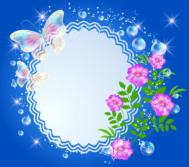 Background with frame, flowers and butterfly - Vector, afbeelding
