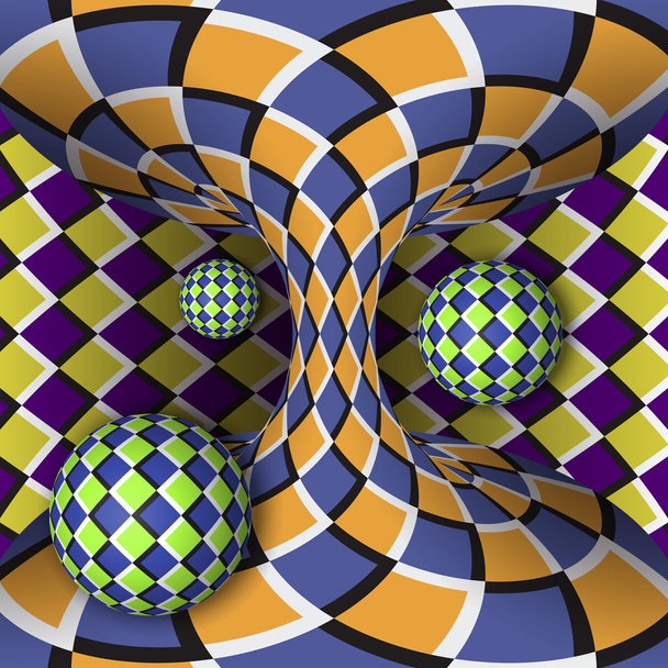 Optical illusion of rotation of three balls around of a moving hyperboloid - Vector, Image