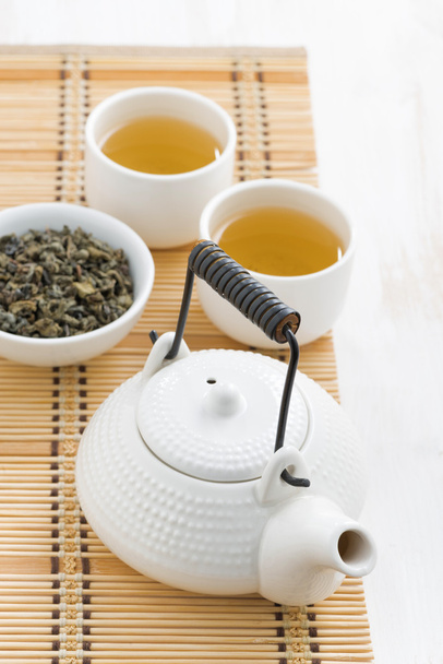 théière et tasses de thé vert sur un tapis en osier, vue sur le dessus
 - Photo, image