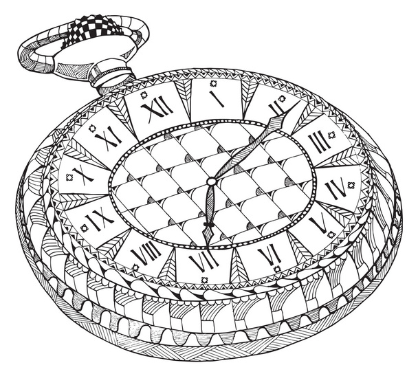 Retro pocket watch. Zentangle stylized. Pattern. Vintage watch. Freehand pencil. Hand drawn. - Vector, Image