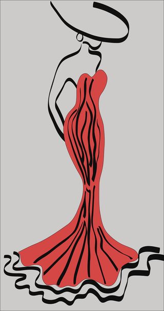 σκίτσο μιας γυναίκας με κόκκινες γραμμές φόρεμα και καπέλο - Διάνυσμα, εικόνα