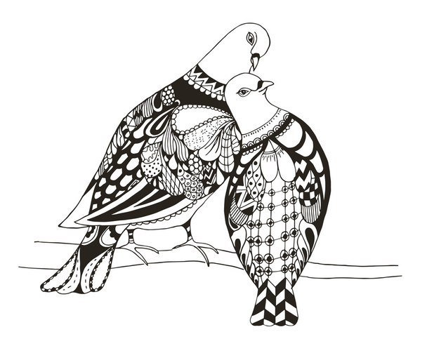 Dois pássaros estão sentados em um galho de árvore, zentangle pombos estilizados, vetor, ilustração, lápis à mão livre, amor. Arte zen
. - Vetor, Imagem