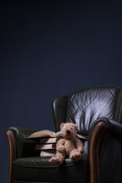 Teddybeer en boeken in groene lederen fauteuil voor de muur - Foto, afbeelding