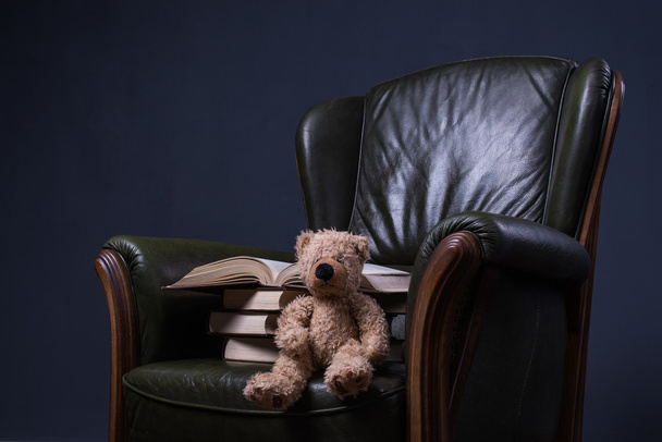 Teddy karhu ja kirjoja vihreä nahka nojatuoli edessä seinään
 - Valokuva, kuva