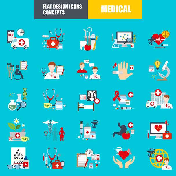 Επίπεδη ιατρικές εικόνες set έννοια των ιατρικών εφοδίων, υγειονομικής περίθαλψης διάγνωση και θεραπεία, εργαστηριακές εξετάσεις, φάρμακα και εξοπλισμός. Διάνυσμα έννοια για γραφίστες και web design. - Διάνυσμα, εικόνα