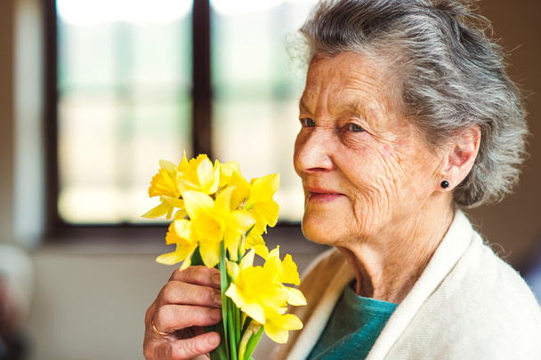 Senior woman holding bouquet of daffodils - Фото, зображення