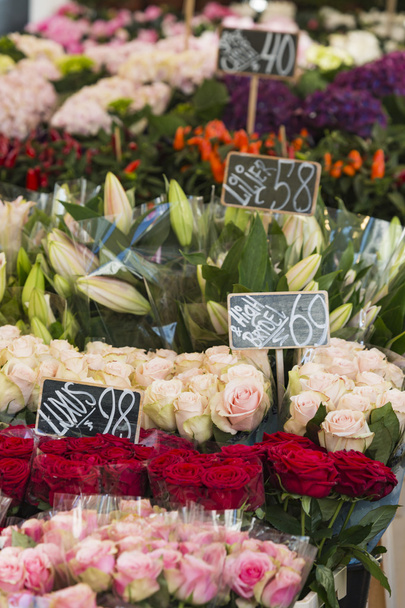 Πολύχρωμα μπουκέτα λουλουδιών ντάλιες σε αγορά στην Κοπεγχάγη, De - Φωτογραφία, εικόνα