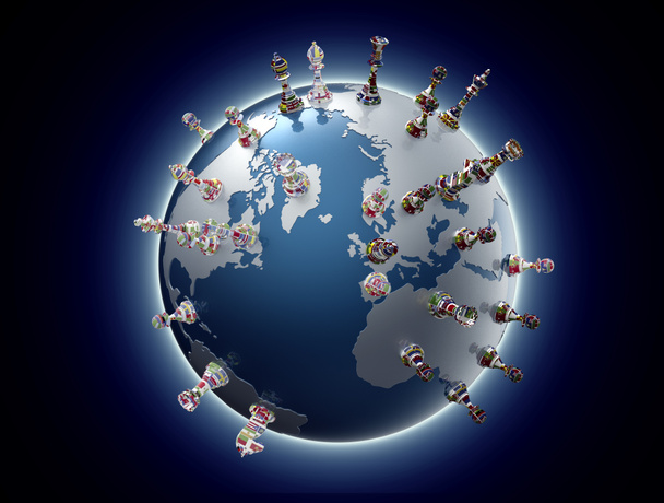 jeopolitik satranç taşları ile dünya küre sembolü  - Fotoğraf, Görsel