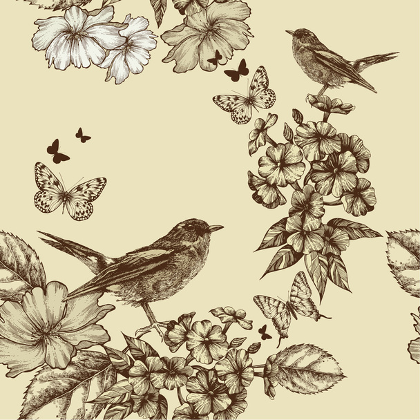 Seamless spring background with birds and flowers. Hand drawing, - Вектор,изображение