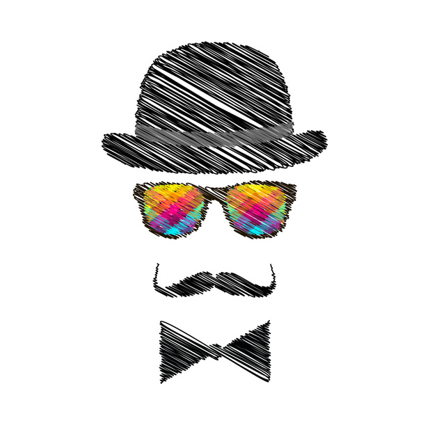 Vintage silhouette of top hat, mustaches, bow tie - illustration. - Vector, Image