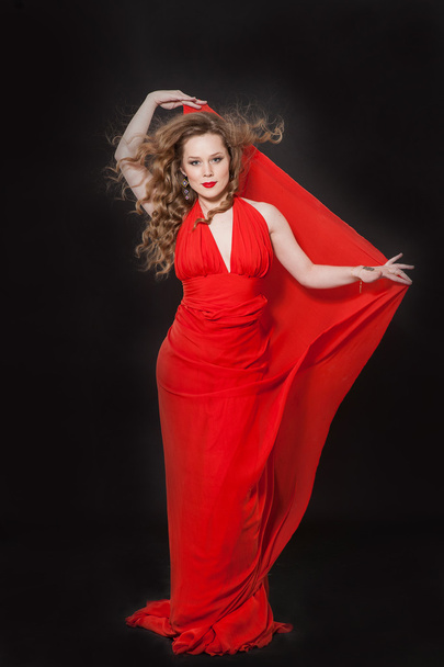 Blonde, girl, wind, beauty, blue eyes, smile, long hair, curly hair, red dress, emotions, red lips - Photo, Image