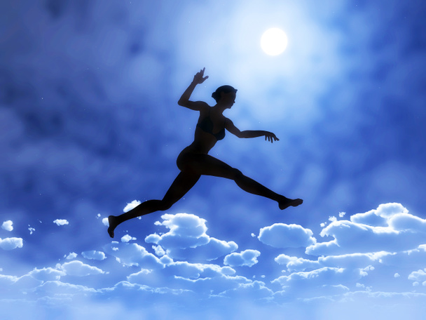 Jovem está pulando acima das nuvens
 - Foto, Imagem