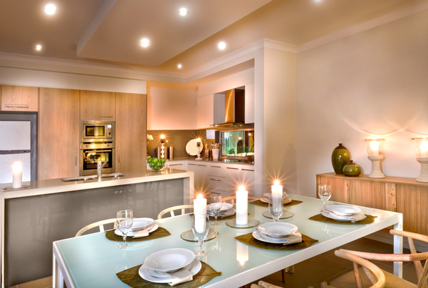 Luxury dining room and kitchen area decorated with flashing cand - Photo, image