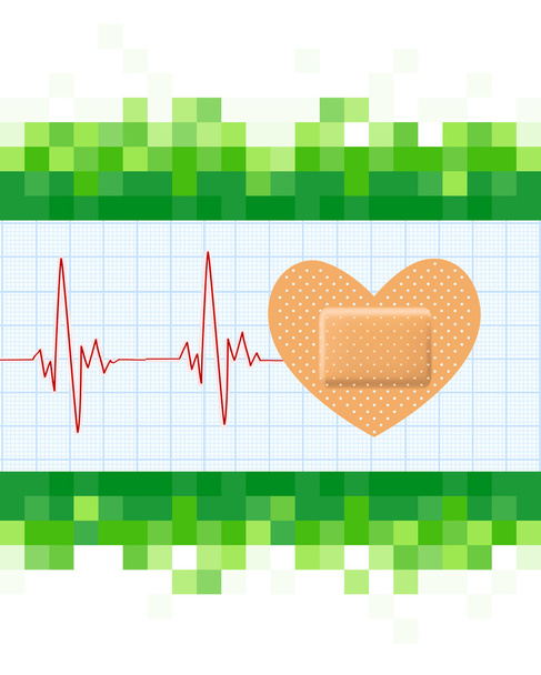 Srdce tvaru zdravotnické sádry a kardiogram na mozaika zelené pozadí - Vektor, obrázek