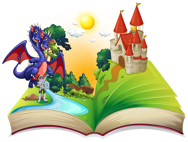 Livro de contos de fadas com cavaleiro e dragão
 - Vetor, Imagem
