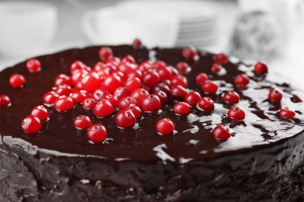 Chocolate cake with cranberries on plate, closeup - Fotó, kép