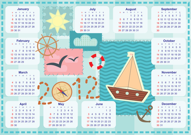Calendar for the year 2012 with a ship in patchwork style - Vettoriali, immagini