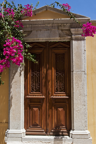 old wooden door with bougainvillea flowers - Foto, afbeelding