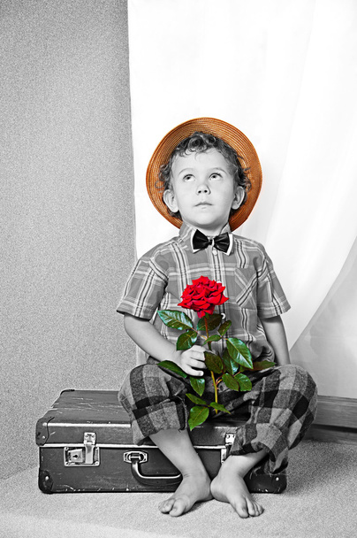 Cute little boy with the flower sitting on an old suitcase. He i - Foto, Imagem