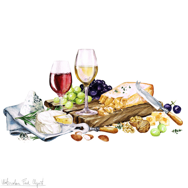 Aquarell Lebensmittel - Käsebrett und Wein - Foto, Bild
