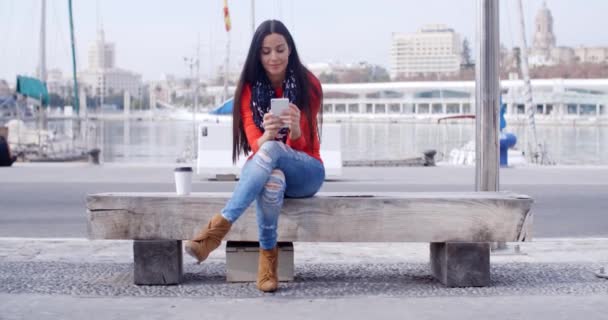žena sedící na lavičce s mobilním telefonem - Záběry, video