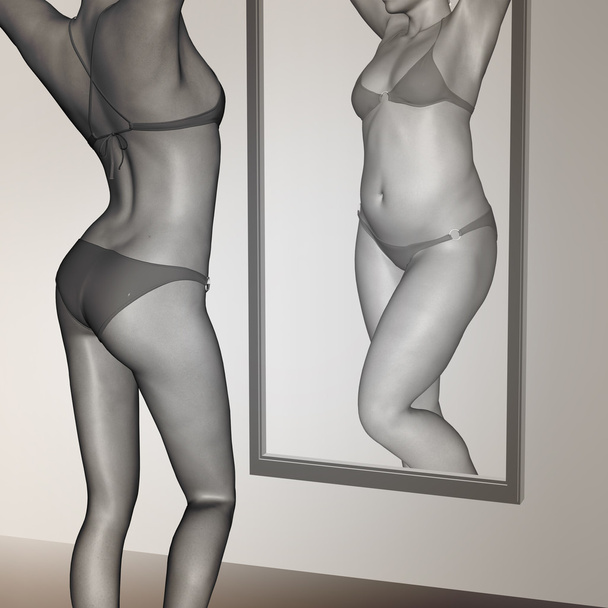 Concept ou conceptuel 3D femme, fille comme graisse, en surpoids vs en forme saine, maigre femme anorexique poids insuffisant avant et après le régime alimentaire sur un miroir
 - Photo, image