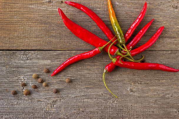 Hot peppers with spices on wooden background - Photo, image