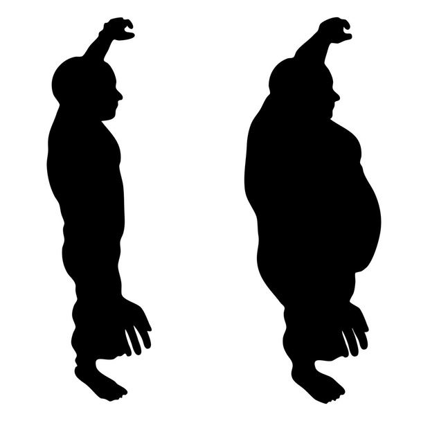 Concept ou concept 3D graisse en surpoids vs alimentation slim fit avec muscles jeune homme silhouette isolée sur fond blanc
 - Photo, image