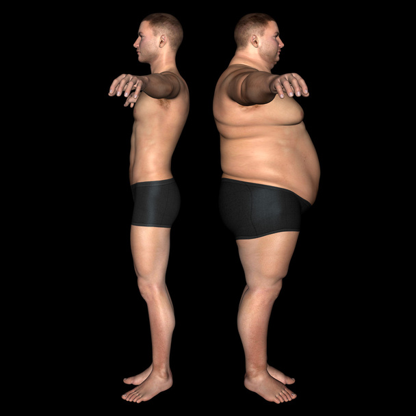 Concept of conceptuele 3d vet overgewicht vs slanke passen dieet met jonge man spieren geïsoleerd op zwarte achtergrond - Foto, afbeelding