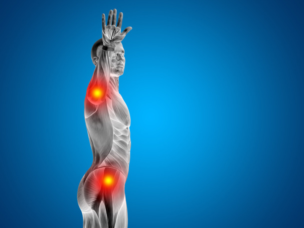 Концептуальна 3D анатомія людини верхнього тіла або дизайну здоров'я, суглобовий або суглобовий біль, біль або травма на синьому фоні
 - Фото, зображення