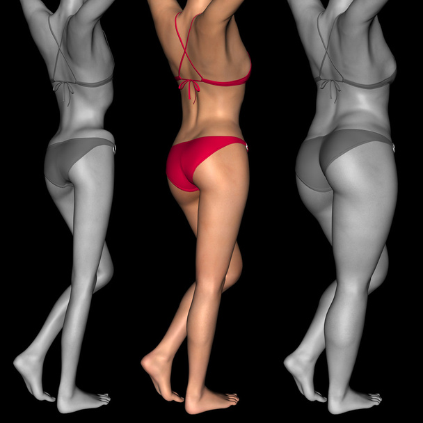 Conceito ou conceitual mulher 3D ou menina como gordura, sobrepeso vs ajuste saudável, magro baixo peso anoréxico fêmea befor e após a dieta
 - Foto, Imagem