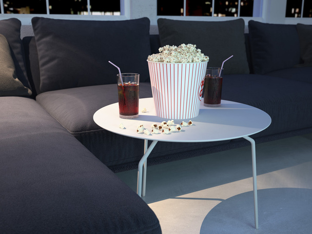  movie evening with popcorn and soda. 3d rendering - Foto, afbeelding