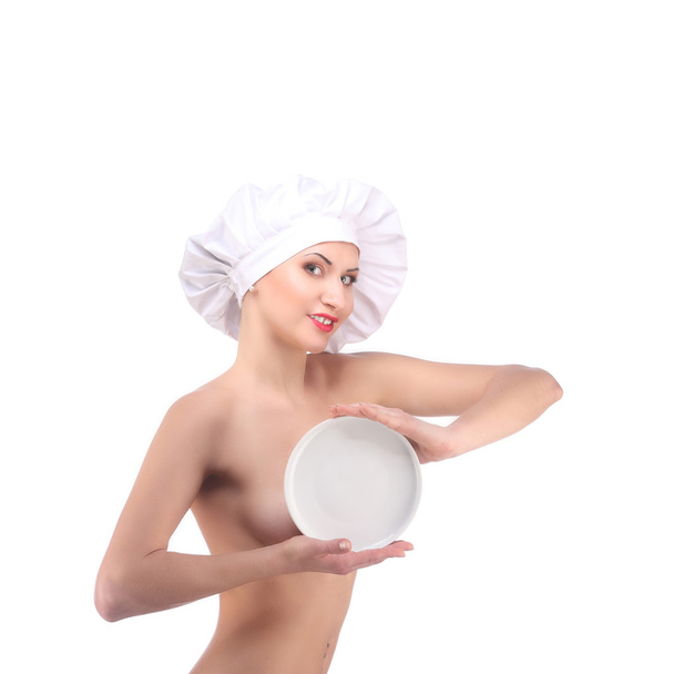Naked restaurant chef with plate for a menu. - Фото, изображение