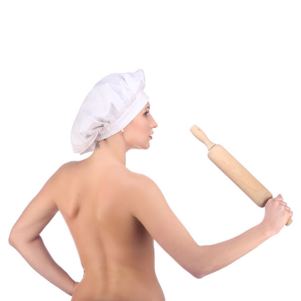Naked restaurant chef with rolling pin for a menu - Фото, изображение