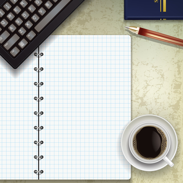office desk with keyboard coffee and notepad - Vector, Image