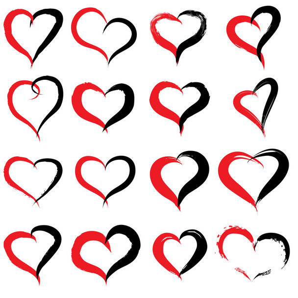Conceito ou conceitual pintado vermelho forma de coração preto ou conjunto de símbolo de amor ou coleção, feita por uma criança feliz na escola isolada no fundo
 - Foto, Imagem