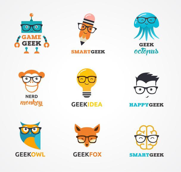 Geek, nerd, smart hipster icons - animals and symbols - Vector, Image